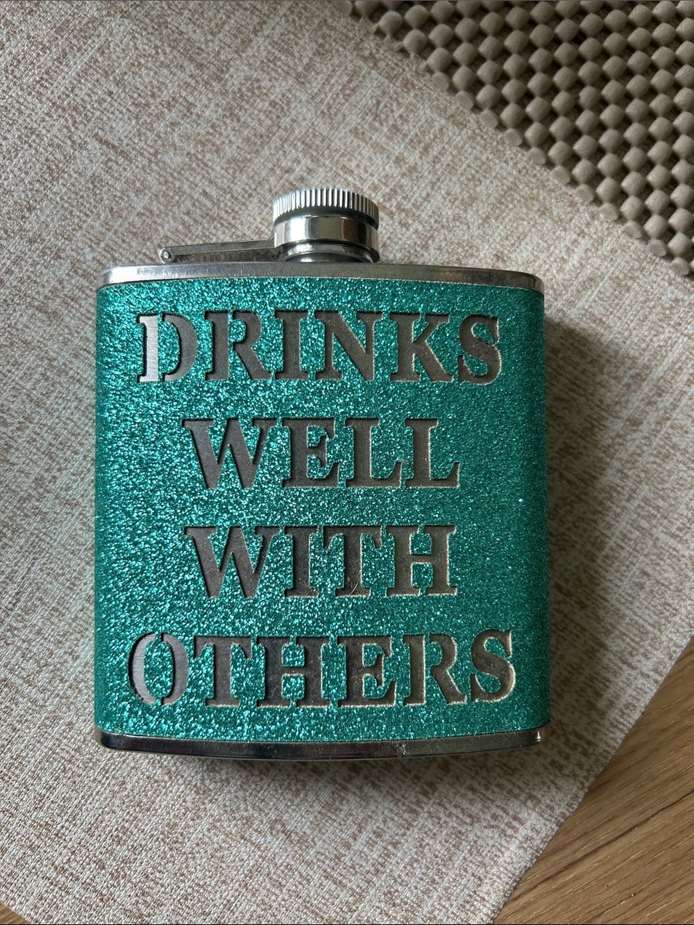 Glitter Teal 'Drinks Well With Others' Hip Flask